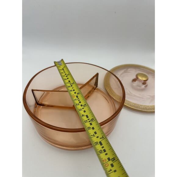 Pink Depression Glass 3 Section Gilt and Etched Top Dressing Table Box RARE! - Picture 7 of 8